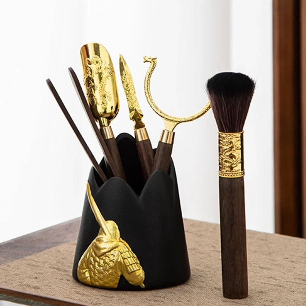 DIF DECO Tea Ceremony Set Ceramic Holder Wood Scoop Needle Clip Brush Gold Black